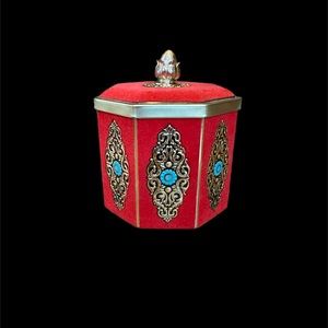 Vintage Blue Bird Confectionary Candy Tin Red Fabric Octagon Gold & Turquoise